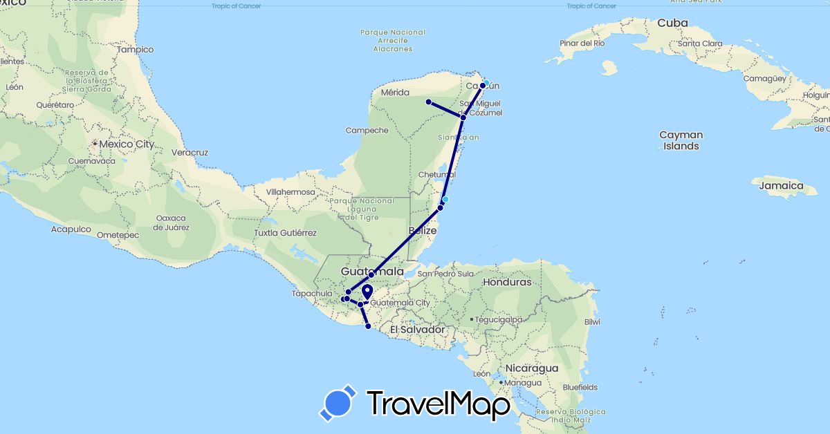 TravelMap itinerary: driving, boat in Belize, Canada, Guatemala, Mexico (North America)